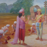 A painting of two men facing each other and talking while several men spread gold coins on the ground.