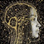 A the profile of a young woman is covered with an illustration of the spinal column leading to the brain.