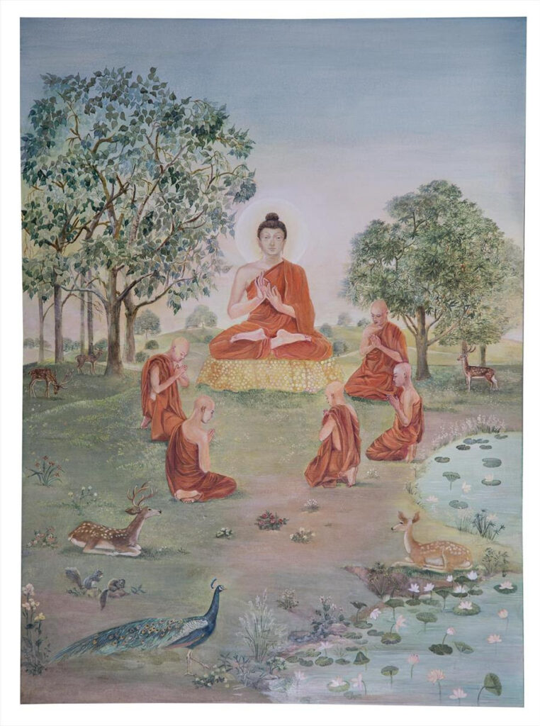 Buddha is depicted in the center of a watercolor drawing, surrounded by monks who are kneeling and clasping their palms. Bodhi Trees are seen in the distance.