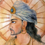 A watercolor painting of a regal indian man wearing a white turban with a jewel and gold hoop earrings.