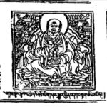 A wood block print in black and white of a monarch sitting on a throne.