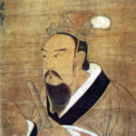 Painted depiction of a regal man holding a scroll.