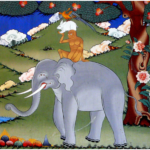 A traditional Tibetan colorful painting of a rooster on top of a rabit on top of a monkey on top of an elephant