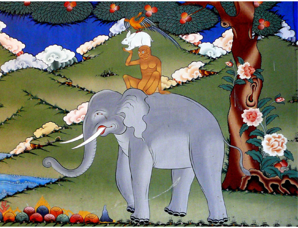 A traditional Tibetan colorful painting of a rooster on top of a rabit on top of a monkey on top of an elephant